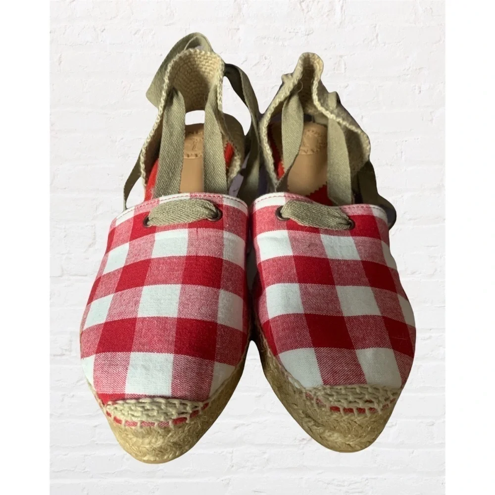 New Penelope Chilvers Valenciana Wedge Gingham Plaid Espadrille Sandals Shoes